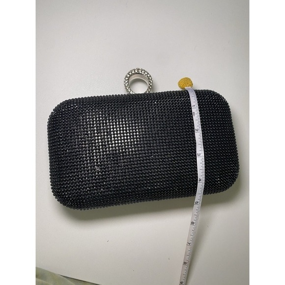 Vintage Black Beaded Flapper Clutch Rhinestone Ring Opener Accent Chain Strap - Picture 16 of 16